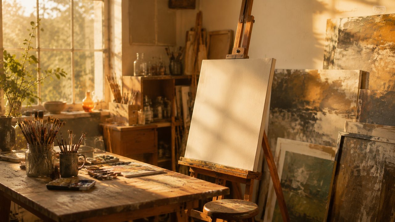A shared studio floor in a converted warehouse with works in progress