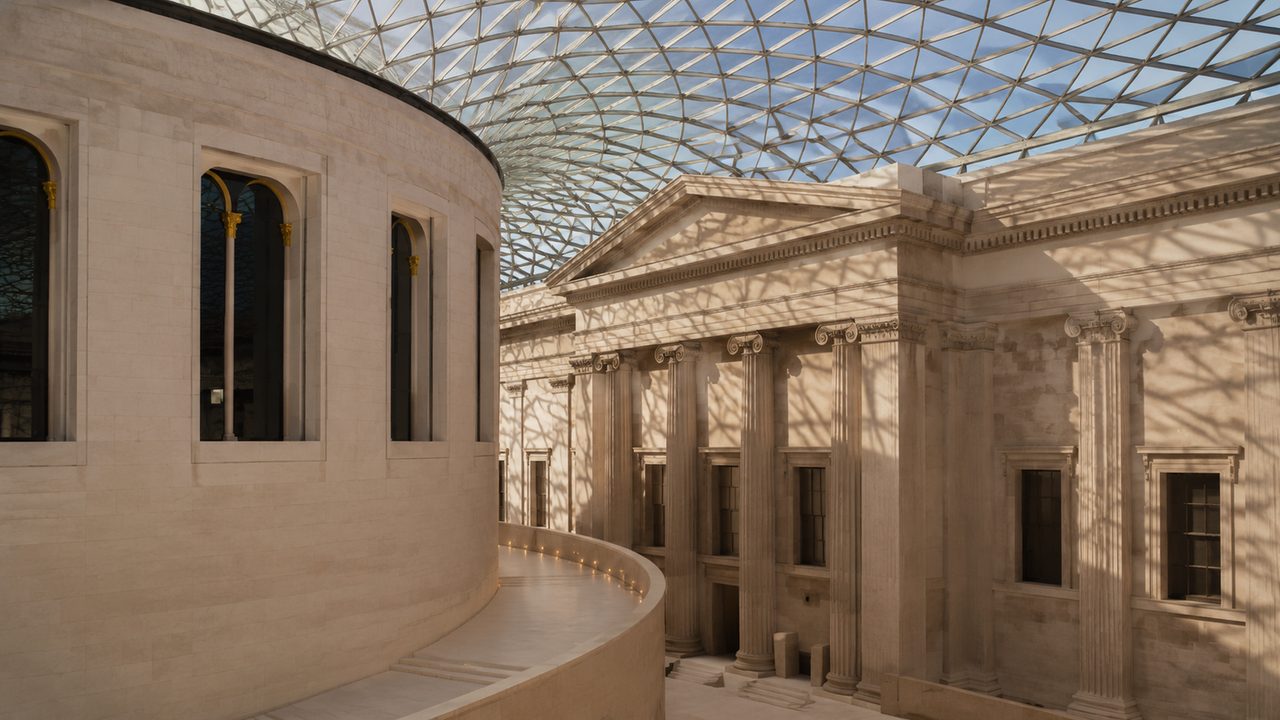 The Rosetta Stone in its glass case in the British Museum's Egyptian gallery