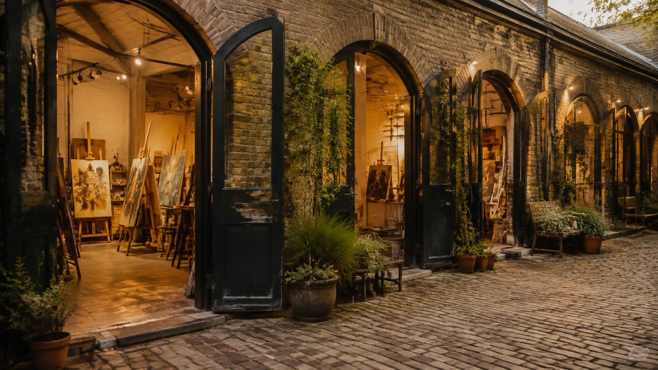 Brick arch studios in Camden with warm evening light