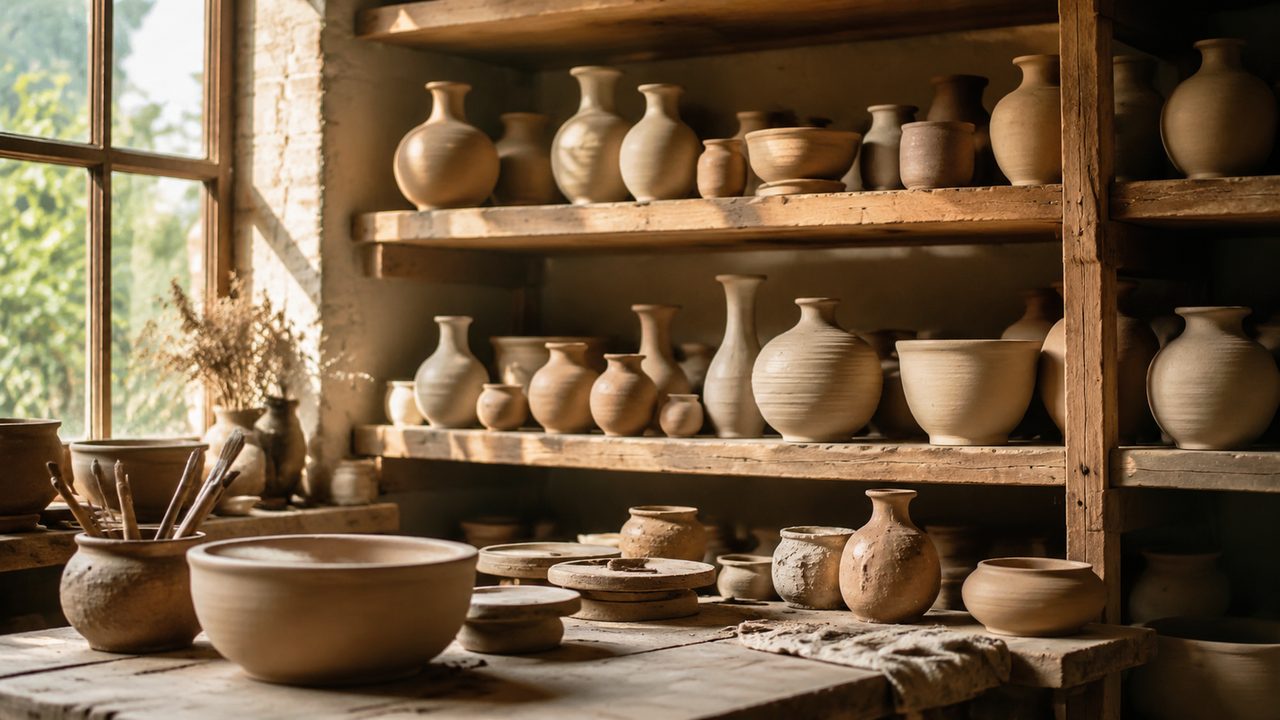 A studio potter's wheel with a half-finished clay vessel in soft light