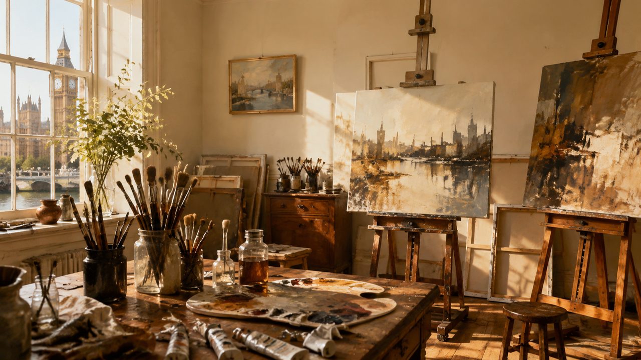 A bright artist studio with canvases on easels