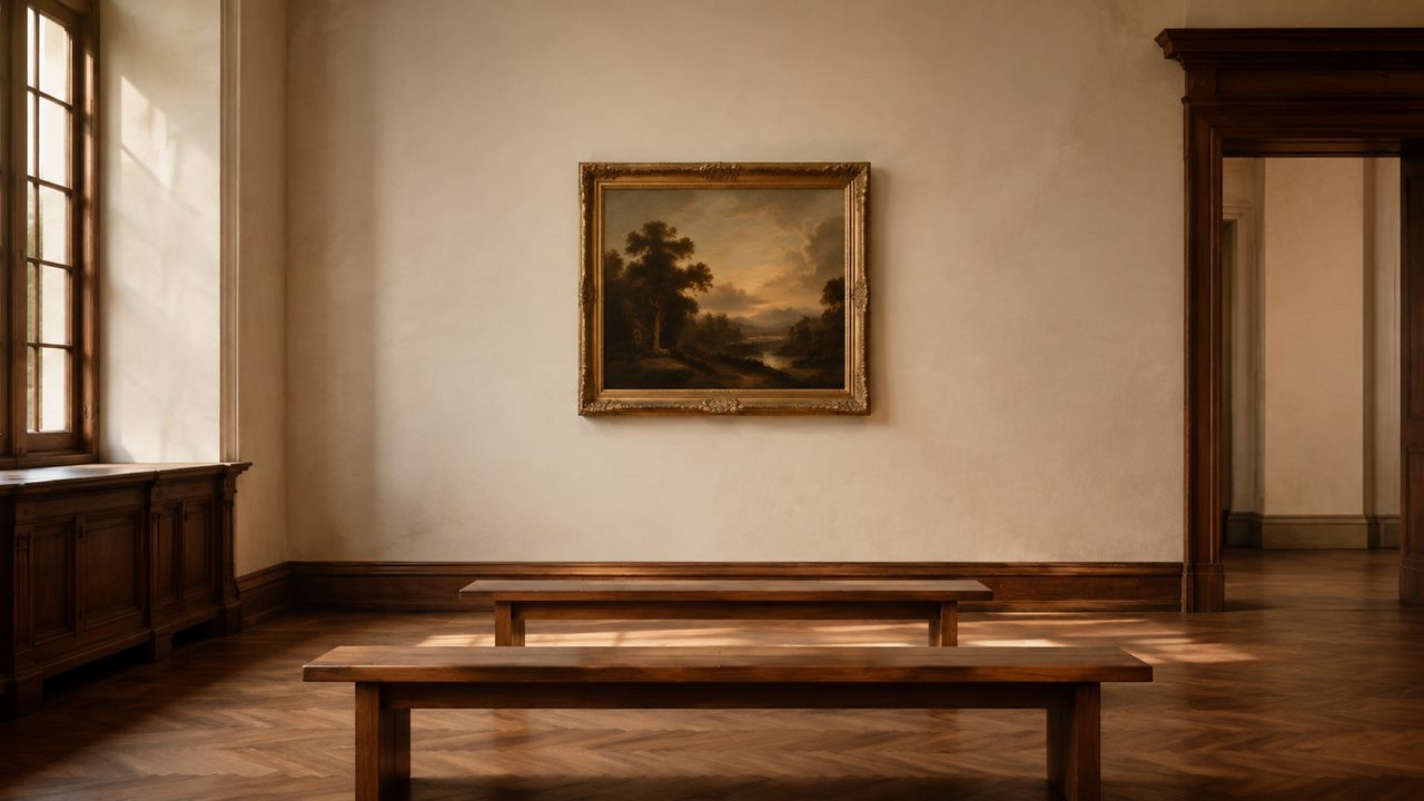 Sunlit museum galleries with a tall ceiling and polished floor