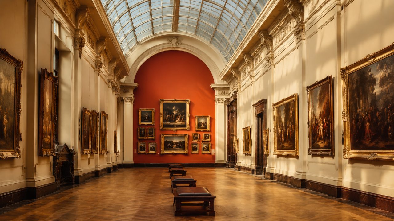A grand historic London gallery hall with a glass roof and warm light