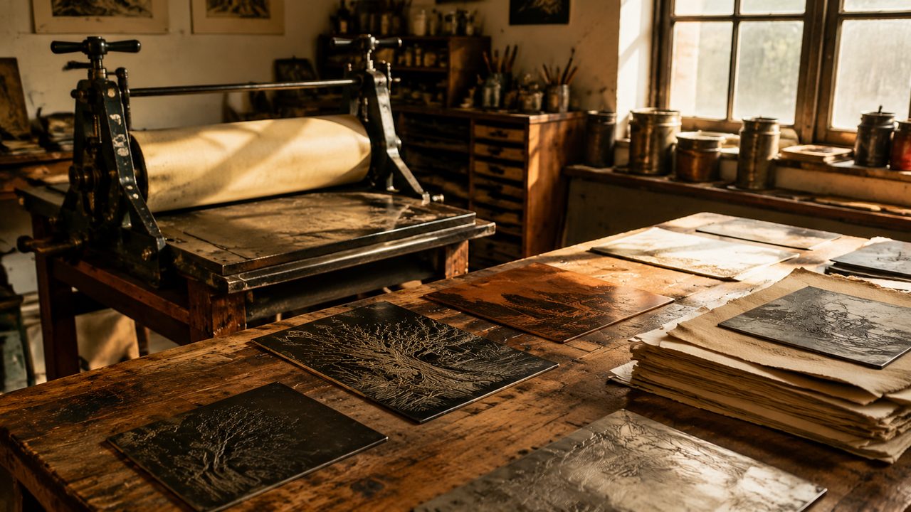 Rows of screen-printing frames in a London print workshop