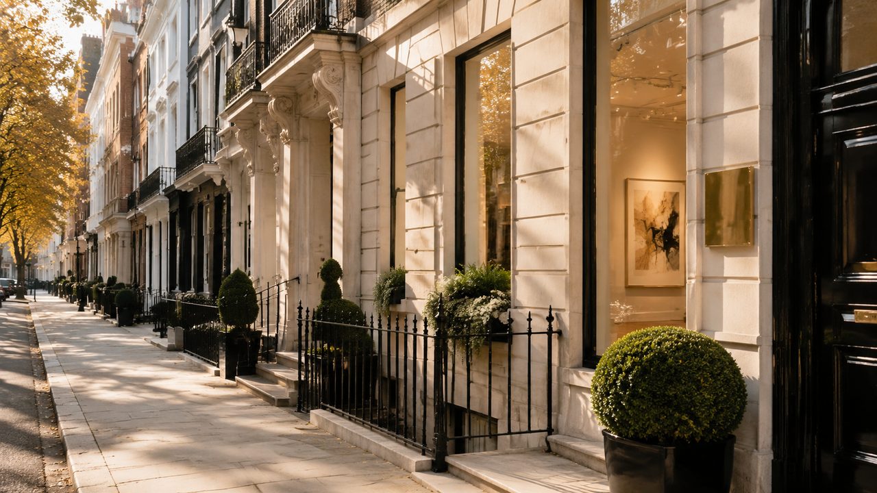 A white-walled Mayfair gallery with a single large painting on display
