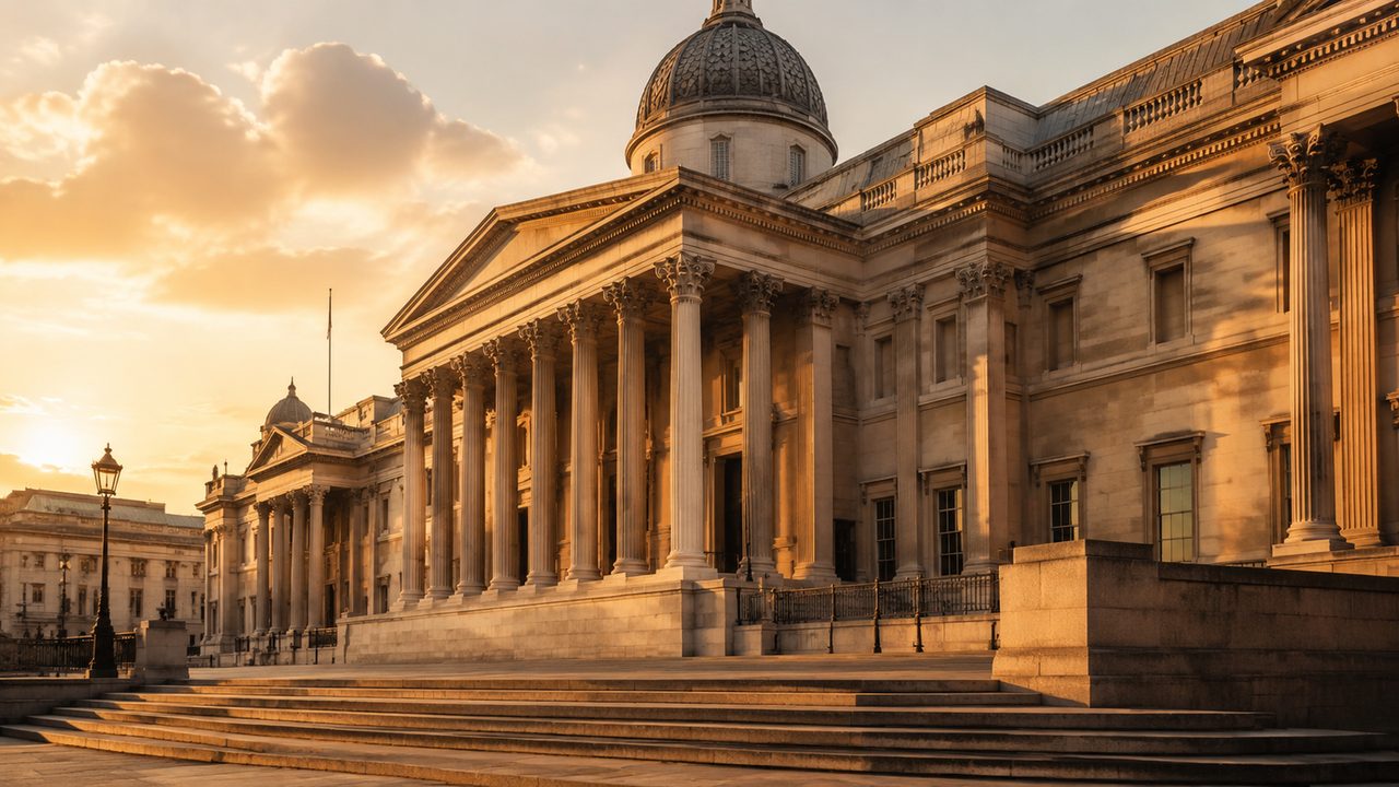 The National Gallery facade at golden hour in Trafalgar Square