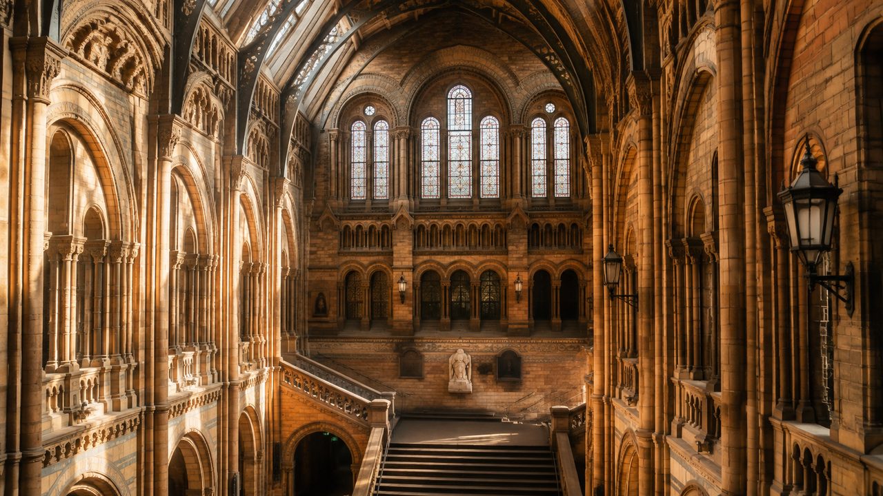 The Natural History Museum's Romanesque terracotta facade on Cromwell Road