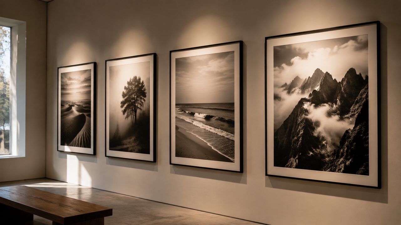 A bright gallery wall hung with large black-and-white photographs