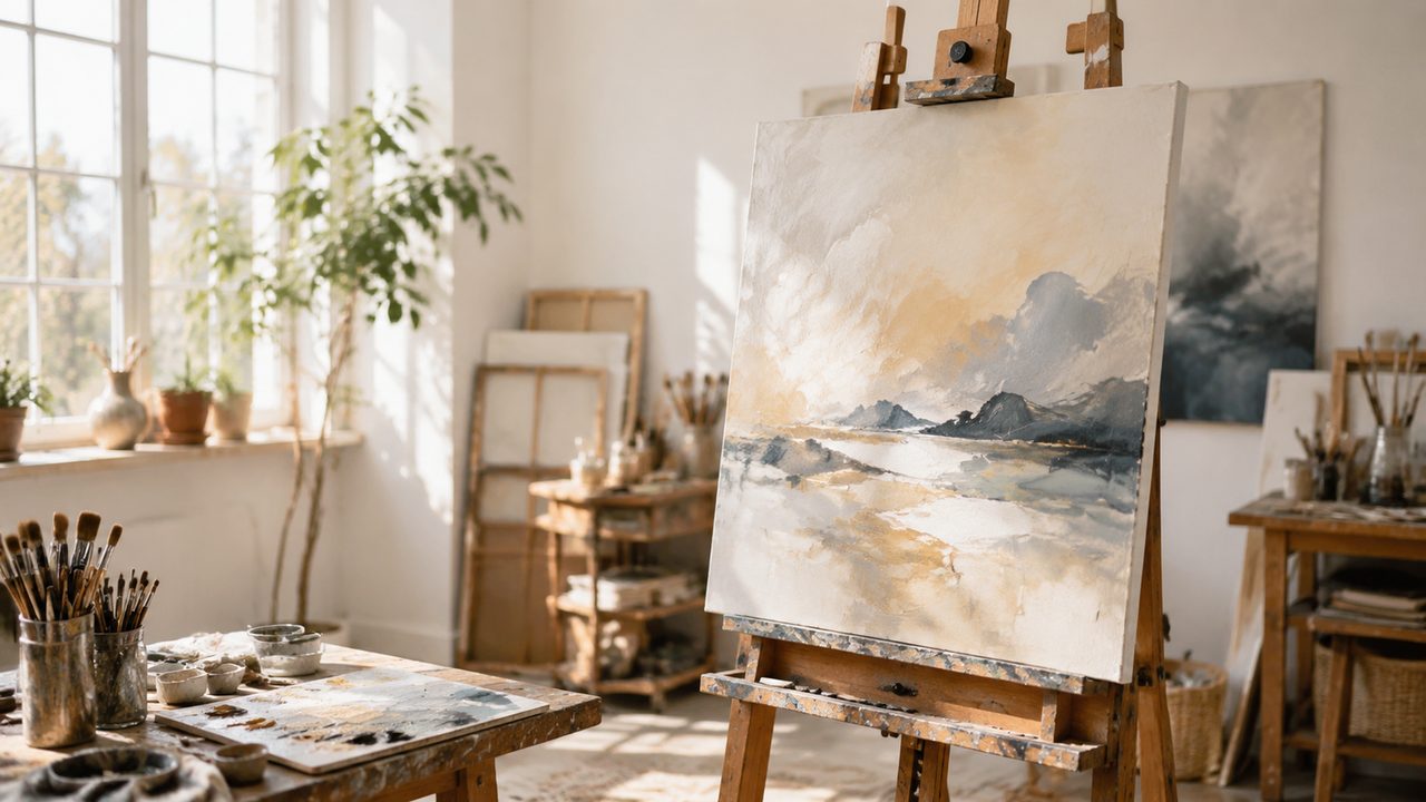 A contemporary portrait painting in progress on an easel in a studio