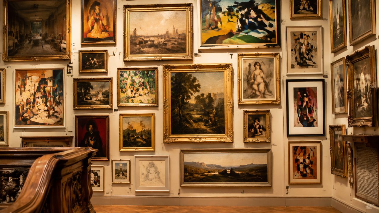 A gallery wall densely hung with paintings of many sizes