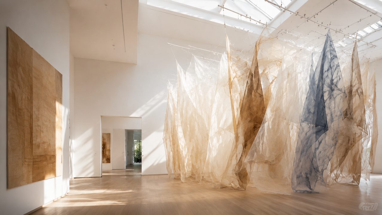 The long white entrance hall of the Saatchi Gallery with a large artwork on the wall