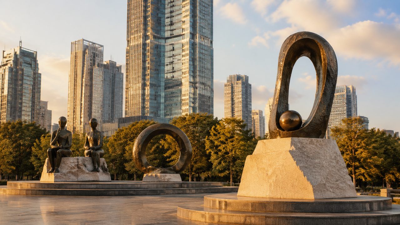 A bronze sculpture on the South Bank with St Paul's across the river