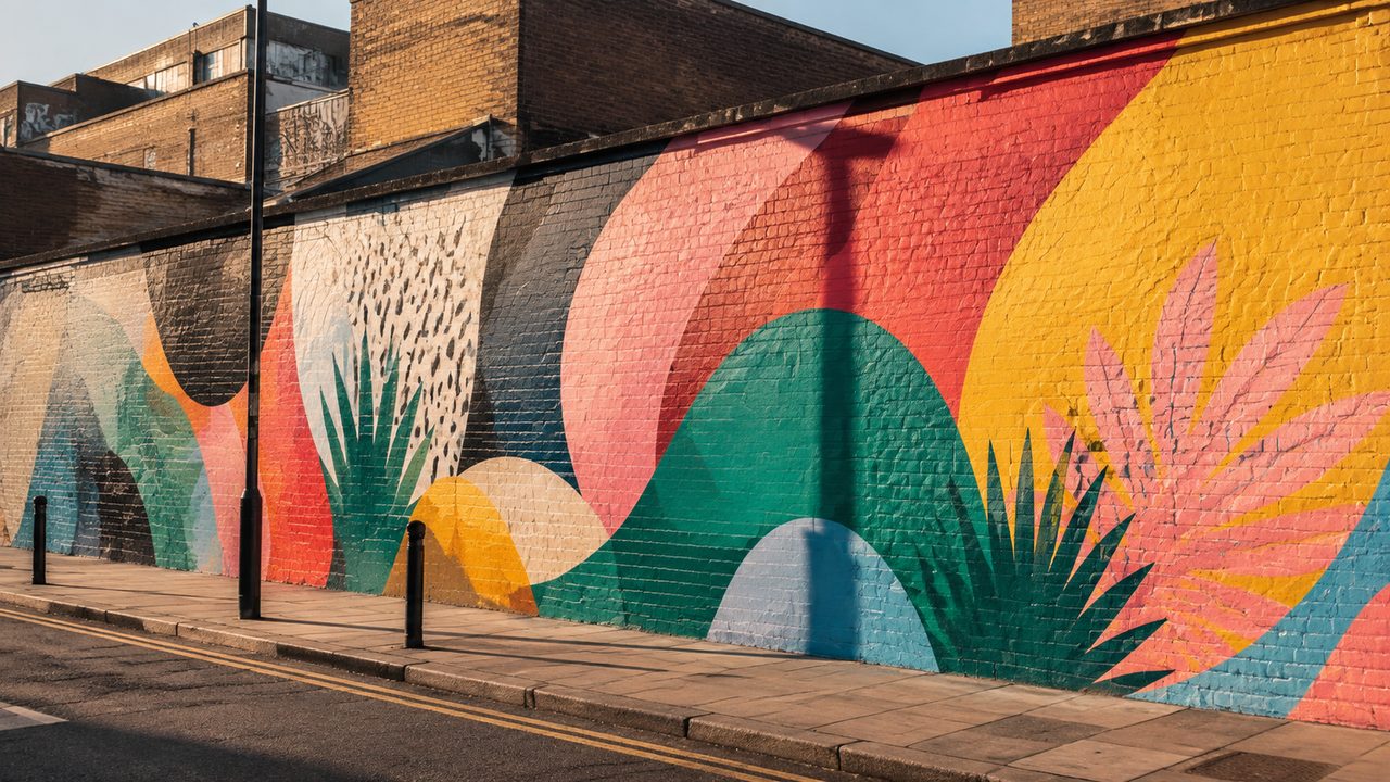 A colourful painted wall on a railway arch beside an East London street