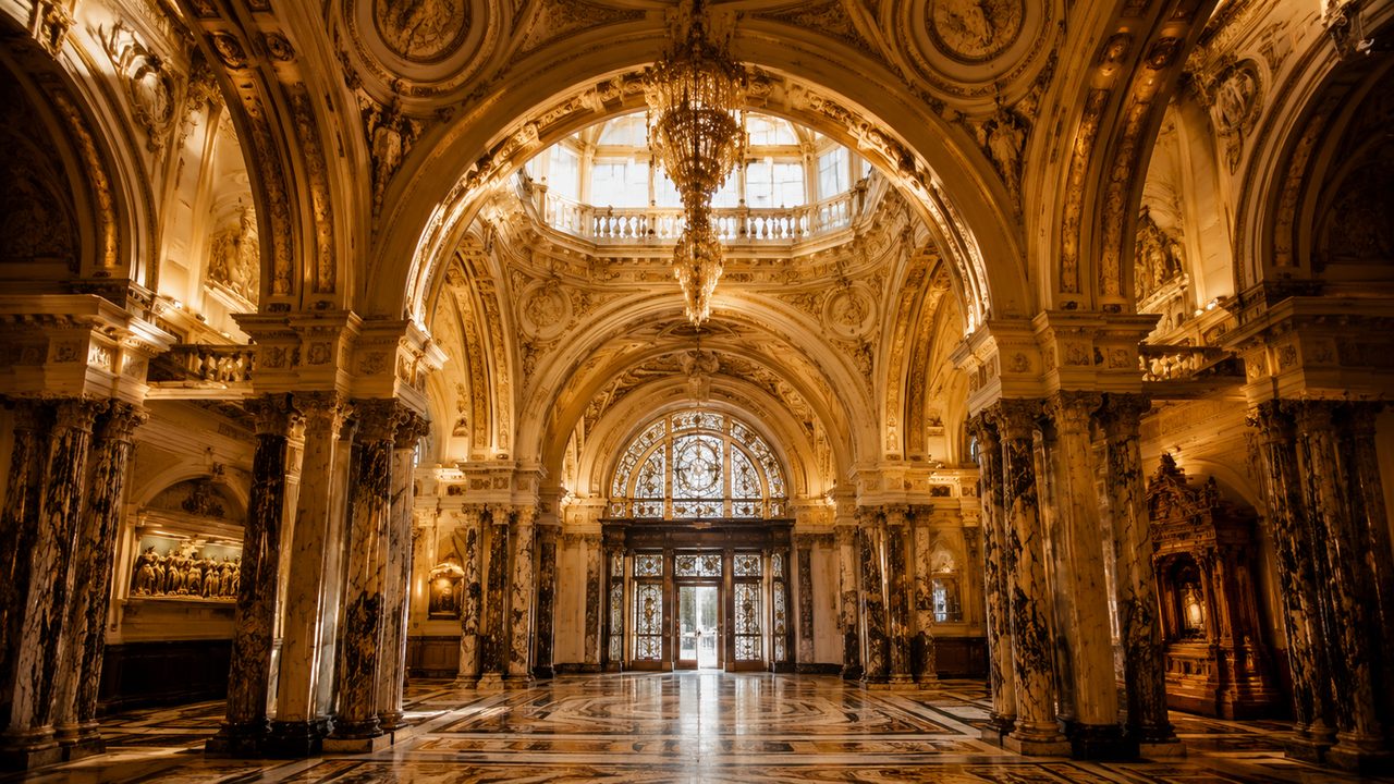 The V&A grand entrance hall with marble columns