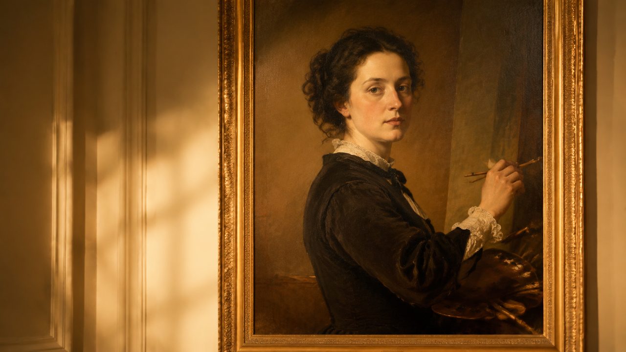 A painting by a woman artist hanging in a bright museum gallery