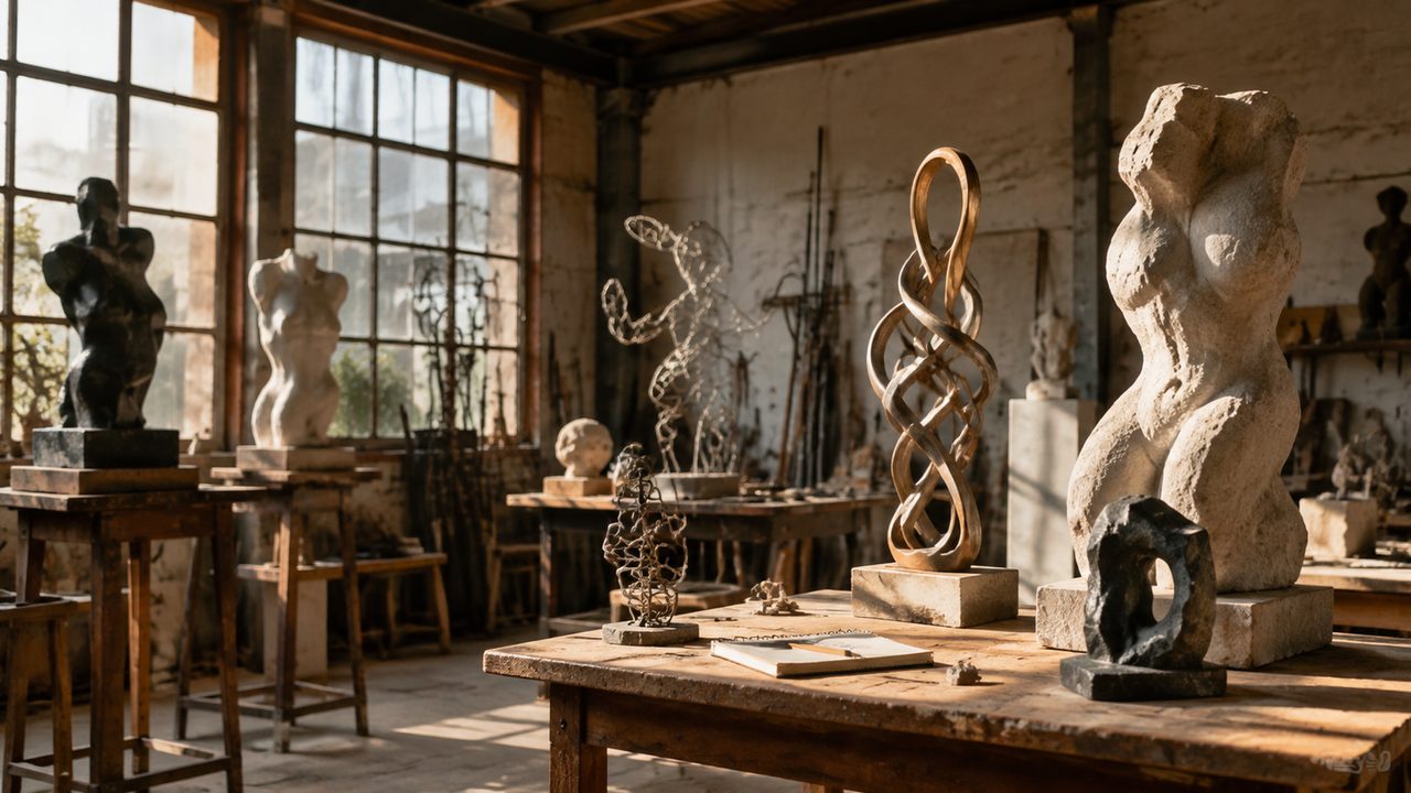 A young sculptor's studio with a half-finished concrete piece on a workbench